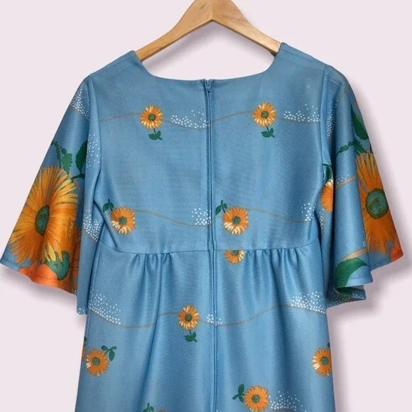 Vintage Maxi Dress Womens XS Blue Orange Floral 100 Parkhouse Dallas Cape Sleeve - Picture 5 of 10